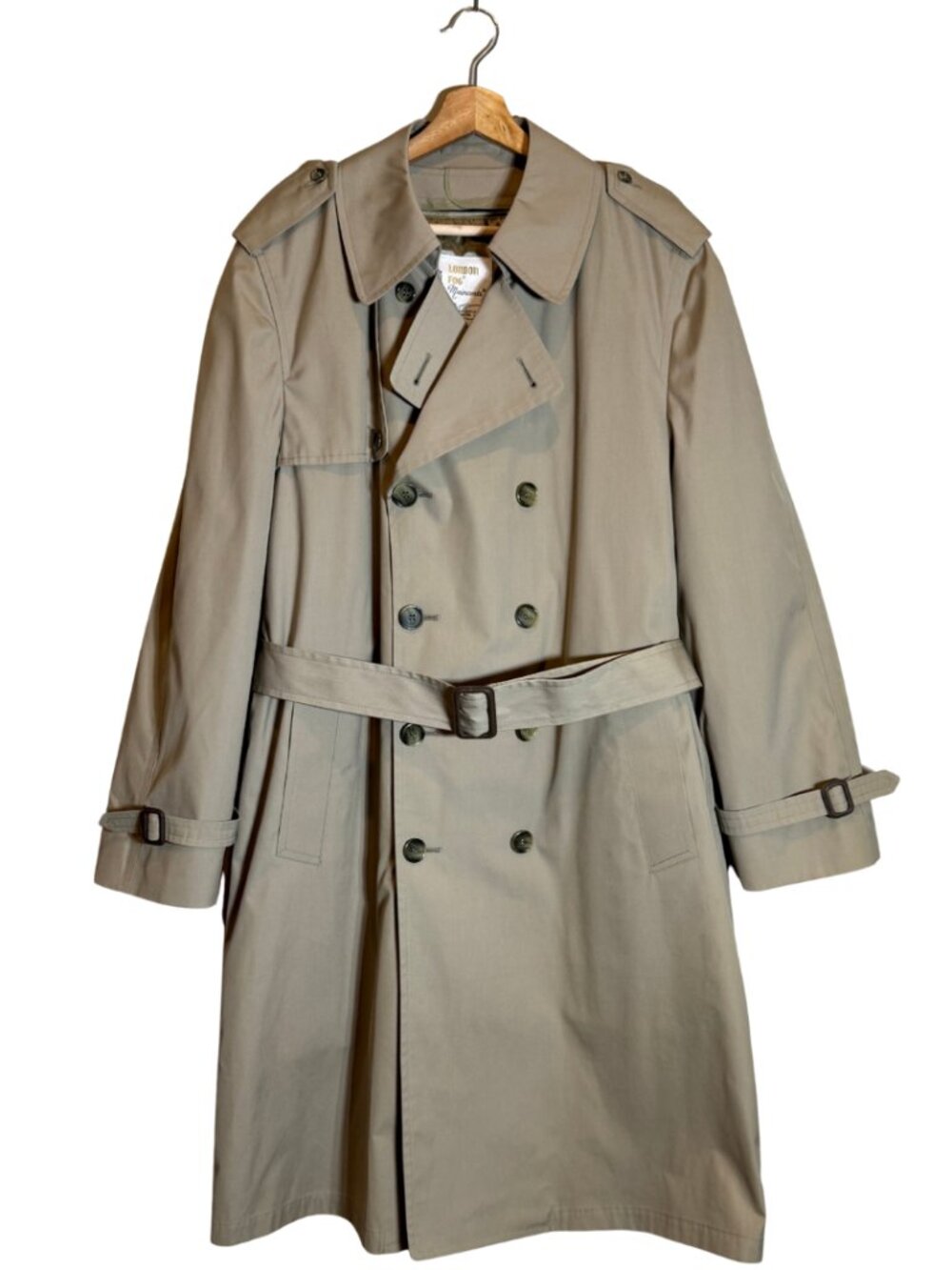 Vintage London Fog Double Breasted Trench Coat Men 42R Tan Belted Faux Fur Lined